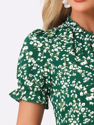 Image of Allegra K Womens Floral Chiffon Mini Dress Ruffle Hem Puff Short Sleeve | Ruffled Tie Neck, Summer Style, Sweet and Chic for Vacation Beach Wear