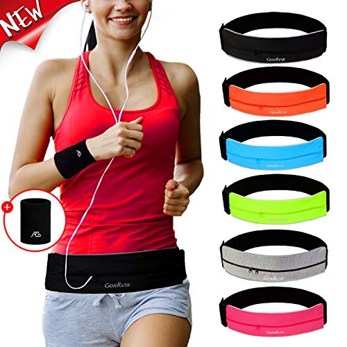 Running Belt Waist Pack with Sports Wristband,Reflective Zippered Runner Pocket Pouch Fanny Pack Adjustable Running Waistband with Key Clip for Fitness Walking Cycling, iPhone 11/X,Galaxy S10 (Black)