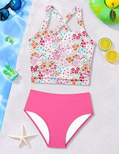 Image of Girls Tankini Swimsuit 2 Piece Bathing Suit Twist Cross Back Cutout Swim Tank Top Floral Print Swimwear for 7-18Y