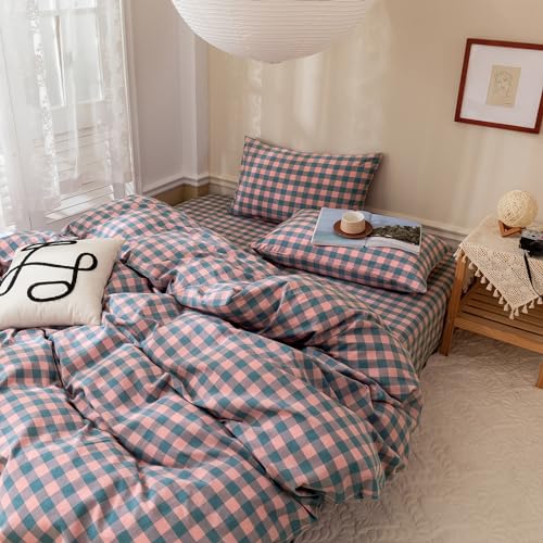 Image of VM VOUGEMARKET Gingham Duvet Cover Set King 3 Pieces Washed Cotton Pink Purple Blue Plaid Checkered Printed Comforter Cover with Zipper Soft Lightweight & Breathable Quilt Cover Set