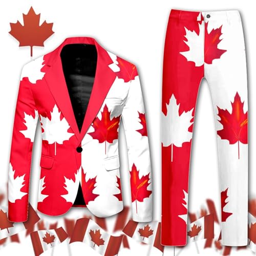 Tuxedo Suits for Men 2 Piece Canada Maple Leaf Printed Lapel V Neck One Button Blazer and Pant Matching Sets2