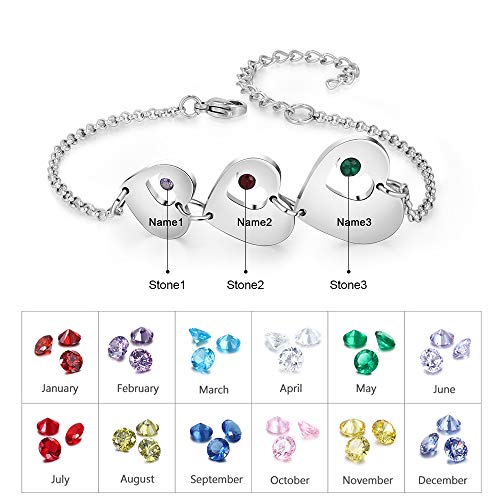 Personalized Name Heart Bracelet with 1-6 Birthstones Custom Bracelet for Women Engraved Names Link Bracelets for Mother's Day Mom2
