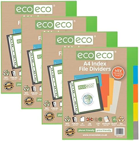 eco-eco A4 50% Recycled Multipunched Reinforced Colour Set 5 Extra Wide Subject Index File Dividers 200mic (Pack of 4) eco072x4