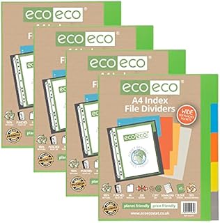 eco-eco A4 50% Recycled Multipunched Reinforced Colour Set 5 Extra Wide Subject Index File Dividers 200mic (Pack of 4) eco072x4