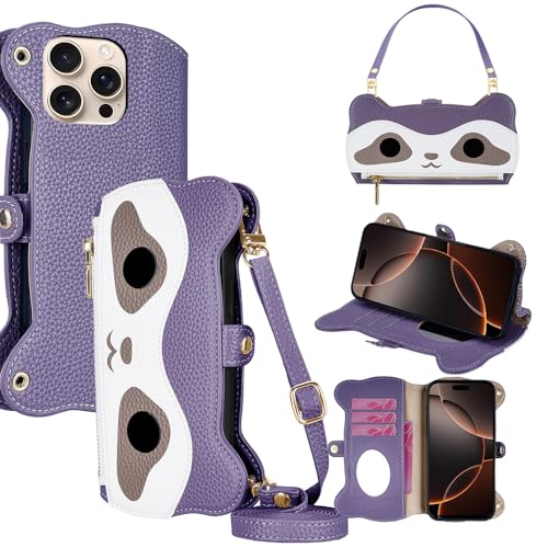 TilGillCase Designed for Huawei Mate 80 Pro Max,Cute Little Raccoon Styling，Imitation Lychee Pattern Pu Leather，Adjustable Long Shoulder BeLe，Lanyard Phone Cases，Purple