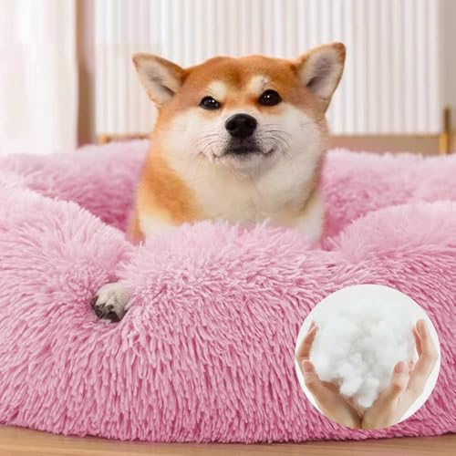 Donut Dog Cat Bed, Fluffy Round Small Dog Bed, Calming Dog Bed, Small Dog Bed Washable, Cat Beds for Indoor Cats, Non-Slip Kitten Bed, 23 Inch Large Cat Bed Pink - Image 3