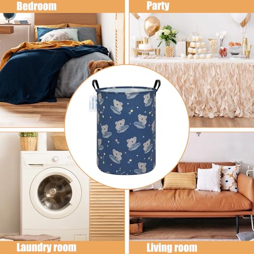 Image of Round Laundry Basket Collapsible Storage Hamper Organizer Space Koala | Waterproof Canvas Foldable Baskets with sturdy Handles Multi-scene Organizer for Home Play Bedroom Gift Bin