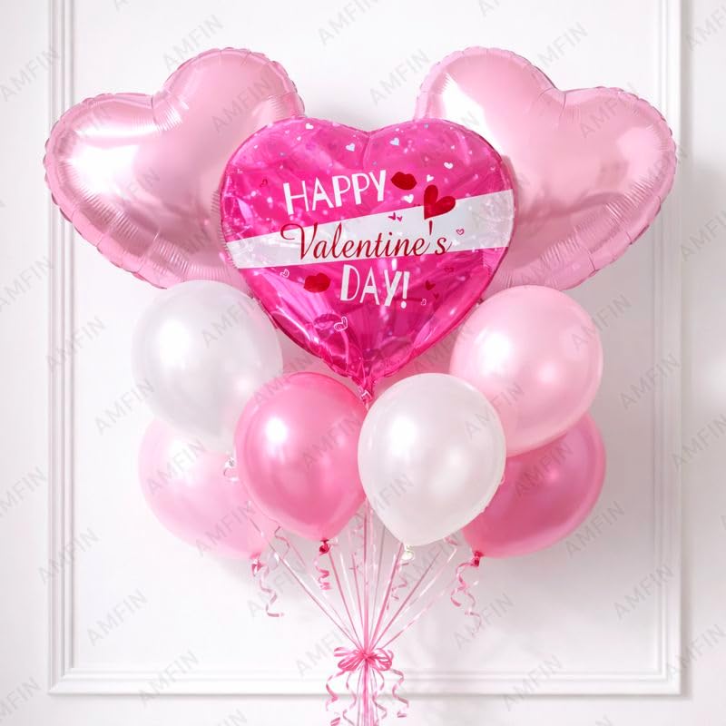 Image of AMFIN (Pack of 9) Happy Valentine's Day Balloon Decoration Set | Romantic Heart Foil Bouquet Metallic Helium Bunch Proposal Anniversary Celebration Party Decor - Pink White