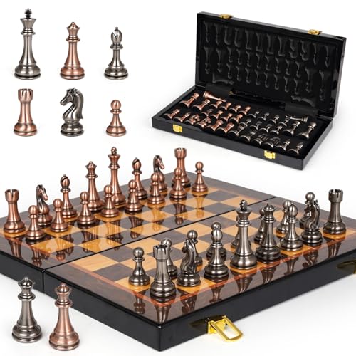 Set de ajedrez metalizado y tablero de madera 15" miniatura 1