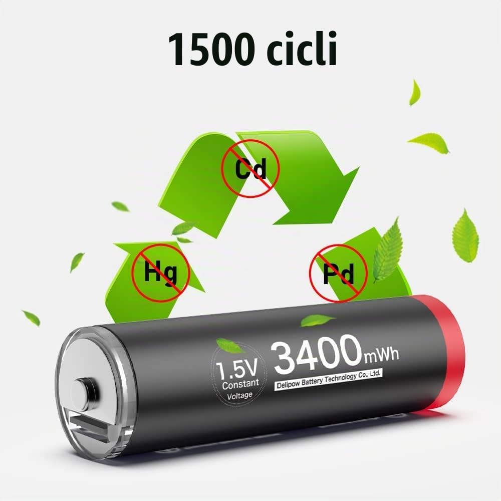 1.5V USB-C Batterie AA ricaricabili 3400mWh, Pile Ricaricabili AA Litio 1500 Cicli con Cavo USB-C, 4 pezzi
