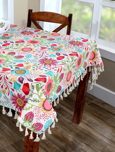 Image of ishro home Premium Dining Table Cover 6 Seater | Table Cover Cloth | Table Cloth 6 Seater - Soft European Fabric, Frill Design, Machine Washable | (Sun Garden, 56x90 Inch (6-8 Seater))