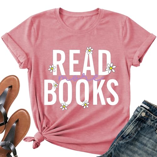 Image of Reading Teacher Shirt Women-Cute Read More Books Short Sleeve Library Book Lovers Daisy Tee Tops