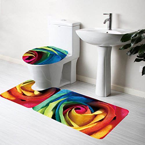 Set 3tlg Badematten, Asnlove Rechteck Badvorleger 75 x 45 CM Badteppich Badgarnitur Matte Badvorleger WC-Deckelbezug Toilettendeckel Set 3tlg Bathroom Rug Mat Weich Duschmatte mit 3D Muster - Rosa – Bild 3