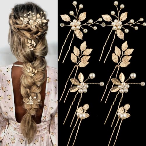 8PCS Gold Wedding Bridal Hair Pins Leaf Pearl Hair Pins Clips Vintage Hair Headpiece Jewelry for Bridesmaids Brides Flower Girls Hair Accessories(Chic)