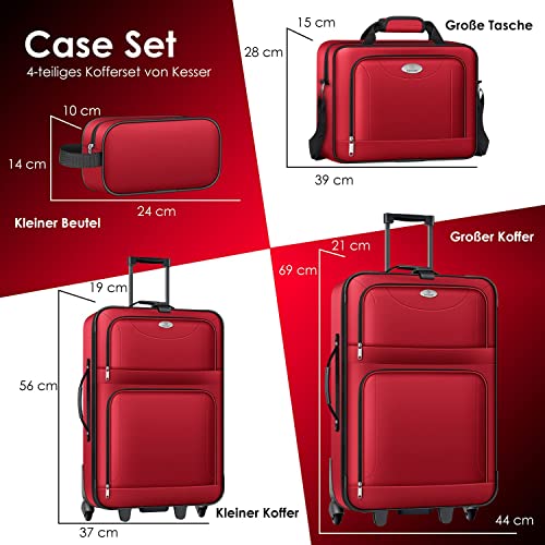 Kesser Trolleykofferset, 4-delig, reiskofferset met wieltjes, complete 4-delige set, formaten S, M, L, XL, netvak, wieltjes, telescoopgreep, koffer, reistas, stoffen koffer, handbagage, rood, S-M-L-XL - Image 3