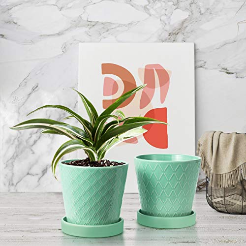 Buymax Plant Pots Indoor –5 In Ceramic Flower Pot With Drainage Hole And Ceramic Tray - Gardening Home Desktop Office Windowsill Decoration Gift, Set Of 4 - Plants Not Included(Mint Green) #TOP5