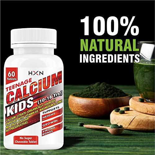 Image of HXN Calcium For Kids With Vitamin D3, Magnesium, Zinc, Vitamin B12, Multivitamin Supplements for Teenager Kids Strong Bones Health | Teeth | Growth | Sugar Free -60 Chewable Tablets (10-16 years)