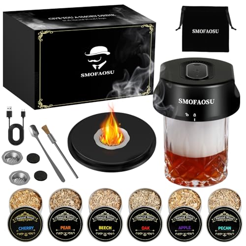 Whiskey Smoker Kit, Electric Cocktail Smoker Kit with 6 Wood Chips, Rechargeable Bourbon Smoker Kit Built in Lighter, Birthday Father's Day Christmas for Men Dad(No Need Butane)