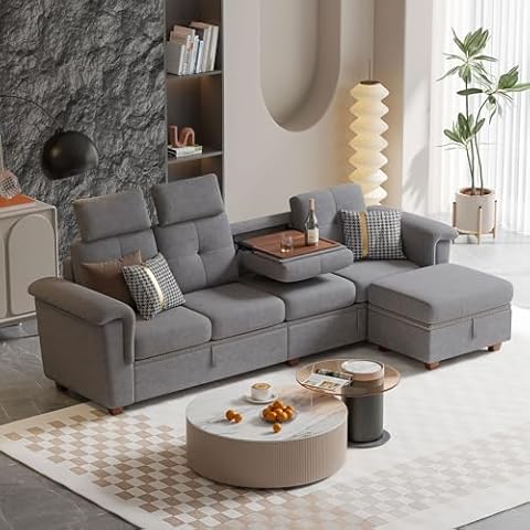 Chireca Convertible Sectional Sofa, Modern Microfibe L Shaped Couch with Storage Chaise and Cup Holder 4 Seat Sofa Couches with Extra Headrests for Living Room, Apartment, Light Grey Cover