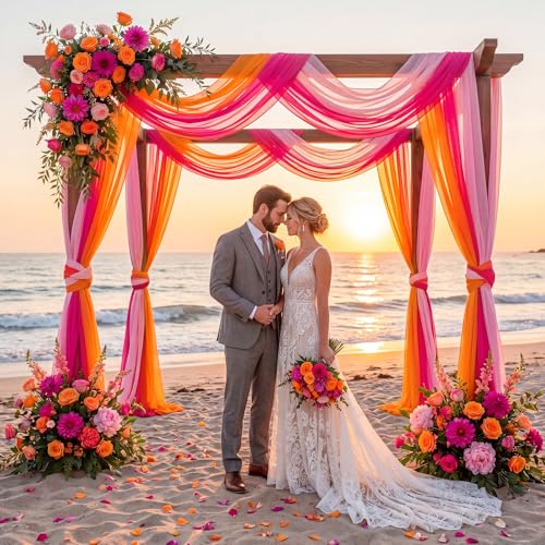 Image of Pink Orange Wedding Arch Draping Fabric 3 Panels 2.46 x 20ft Sheer Chiffon Backdrop in Pink, Rose Red, Orange for Wedding Ceremony, Birthday, Bridal Shower, and Outdoor Party Decoration