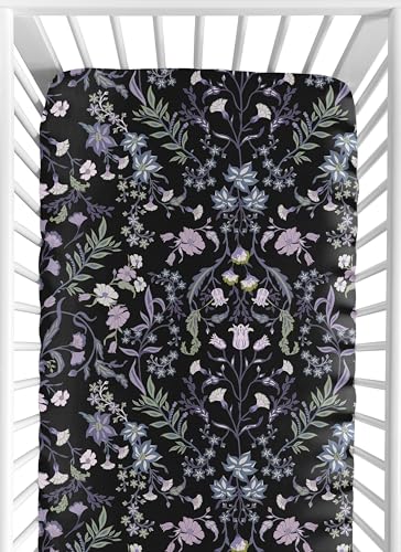 Image of Sweet Jojo Designs Fitted Baby Crib Sheets (Black & Purple Wildflower Vintage Floral) for Girls, Infant Nursery, Toddler Room - Standard Size (Boho, Paisley, Bohemian, Cottagecore, Farmhouse, Flower)