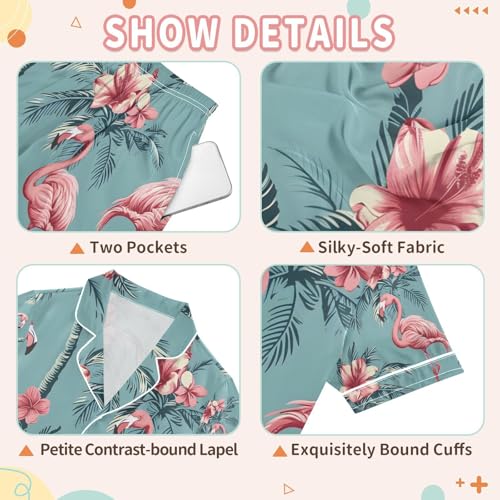 senya Pink Flamingo A Satin Summer Pajama Sets Silk Short Sleeve Button Down Sleepwear3