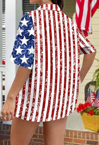 Image of Ithalt 4th of July Hawaiian Shirts Women American Flag Patriotic Short Sleeve Button Down Outfits Summer Vacation Tops