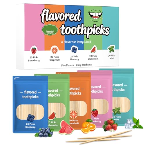 Flavored Toothpicks Combo Pack [5 Flavors] - Strawberry Grapefruit Blueberry Watermelon Mint (20 Picks/Pack) - Against Nail Biting - Fresh Breath with Flavored toothpicks