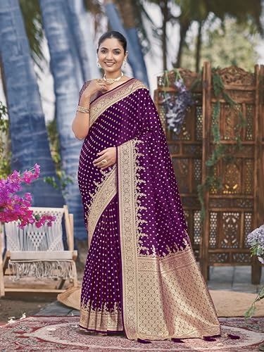 Image of MANOHARI Women's Trendy Banarasi Satin Silk Woven Saree with Heavy Jacquard Work, Elegant Design, Silk Saree with Maching Lace Border Unstitched Blouse Piece for Weddings & Festive Occasions