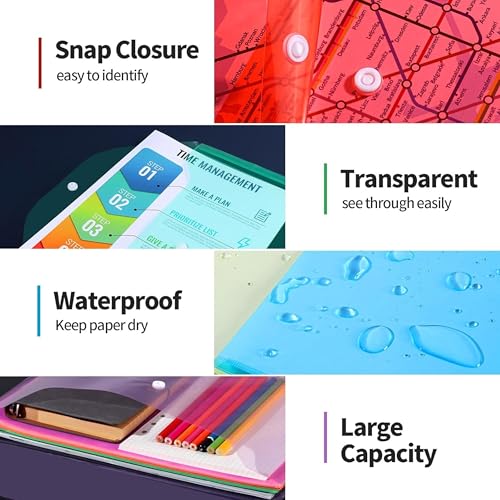 Image of Shuban Document File Folders with Snap Button Closure, Waterproof Plastic Envelope Pouches for Letter /A4 Size Paper, Assorted Transparent Colors (Style-4-Plain Transparent Folder-12Pcs-Mix Color)