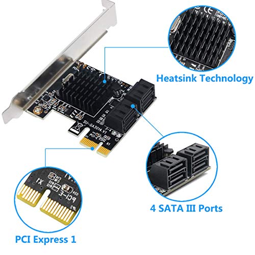 Ziyituod Scheda SATA Non Raid, PCIe SATA III 4 Porte Adattatore Scheda con 4 Cavi SATA, 6 Gbps SATA Controller PCIe Card con Staffa a Basso Profilo, Supporta 4 dispositivi SATA 3.0(SA3014)
