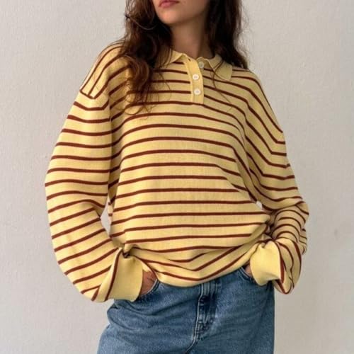 Women’s Striped Polo Sweatshirt Knit Oversized Long Sleeve Button Lapel Collar Classic Knit Sweater Tops3