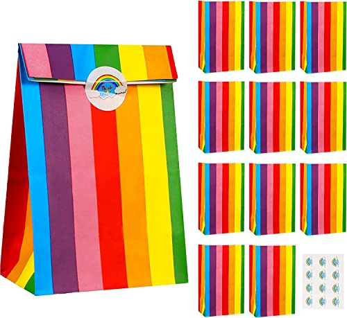 Sacs Cadeaux, 12 Pièces Sac en Papier Sac Cadeau D'anniversaire Pour Enfants Sacs en Papier Colorés Avec 24 Autocollants pour Mariage Fête D'anniversaire D'enfant Cadeaux D'emballage (22x13x8.5cm) Cover