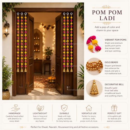 Image of Bindian Pom Pom Beads & Golden Bell Toran for Main Door, Pack of 10 Home Decor Wall Hanging Decoration, Door Hanging Decorative Items, Pooja Room Decor, Festival Decoration