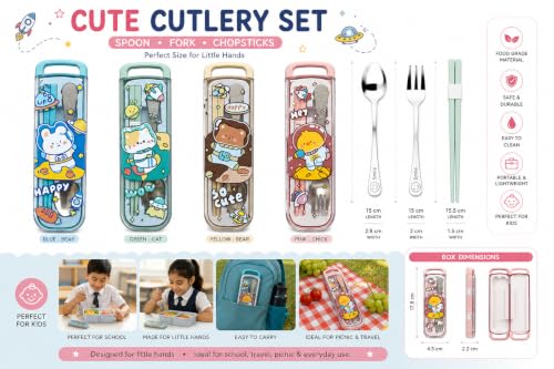 Image of Kids Cutlery Set with Box | Stainless Steel Spoon /Fork /Chopsticks | BPA-Free Food Grade Portable Lunch Utensils for School, Travel, Picnic & Camping