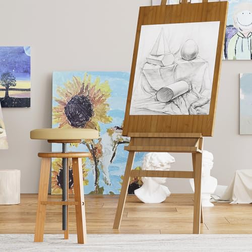 Image of Trironsun Adjustable Height Bamboo Drafting Stool with Canvas Padded Seat 19 inch-26 inch Swivel Drafting Chair for Drawing, Painting, Office, Kitchen, or Home Studio Natural Finish