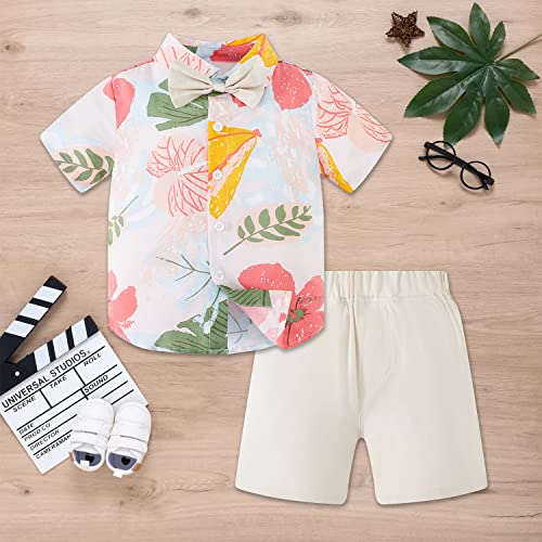 Yruiz Toddler Boy Hawaiian Outfit Set Baby Summer Floral Shirt With Bow-Tie+Short Pants (Pink-Grey, 2T) #TOP1