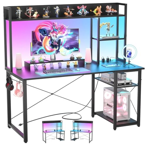 iSunirm Bureau Gaming,Petit Table Ordinateur Forme Etagères Rangements,Ports USB,Bureaux à Domicile LED et Rangement pour Domicile,Chambre,147x120cm,Noir
