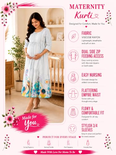 Image of RITIJYA Feeding Kurta for Women with Zip | Maternity Kurti for Nursing Mothers | Concealed Zipper, Extra Pleats Pre to Post Pregnancy | Quick-Dry Comfort Fabric | S-4XL