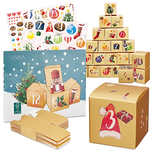LIVAIA Calendario de Adviento para Rellenar 2022: Kit DIY, 24 Cajitas de Regalo Doradas con Instrucciones - Navidad y Pegatinas - Calendario de Adviento Personalizable