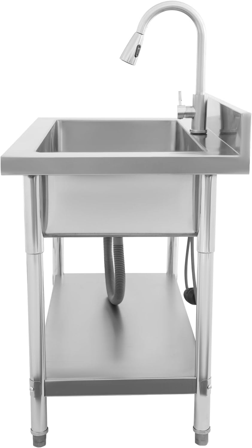Freestanding Stainless Steel Utility Sink, Single Bowl Workstation with Pull-Out Faucet, Large Capacity Bar Sink for Laundry, Garage, Commercial Kitchen, Indoor & Outdoor Use