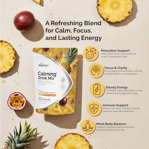 Image of Calming Drink Mix Powder - Natural Cortisol Balance Calm Sleep Stress Support Supplement with Magnesium Glycinate Ashwagandha L-Theanine Vitamin D3 - Pineapple Passion Fruit Flavor 20 Packets
