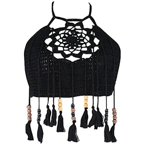 DPWELL Sexy Crochet Tassel Halter Neck Knitted Women Girls Sun Beach Swim Bikini Bra Crop Tank Tops (Black) Cover