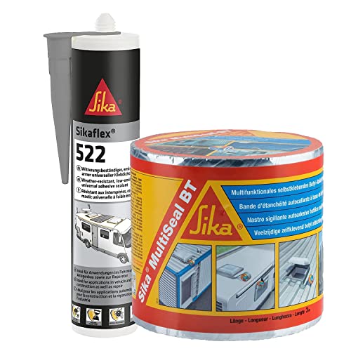 SIKA- Sikaflex 522 Caravan, witterungsbeständiger, UV-stabiler, haftstarker Dichtstoff, stahlgrau 300ml + Sika MultiSeal, Butyl Dichtband selbstklebend für Abdichtungen und Schnellreparaturen, 3mx10cm