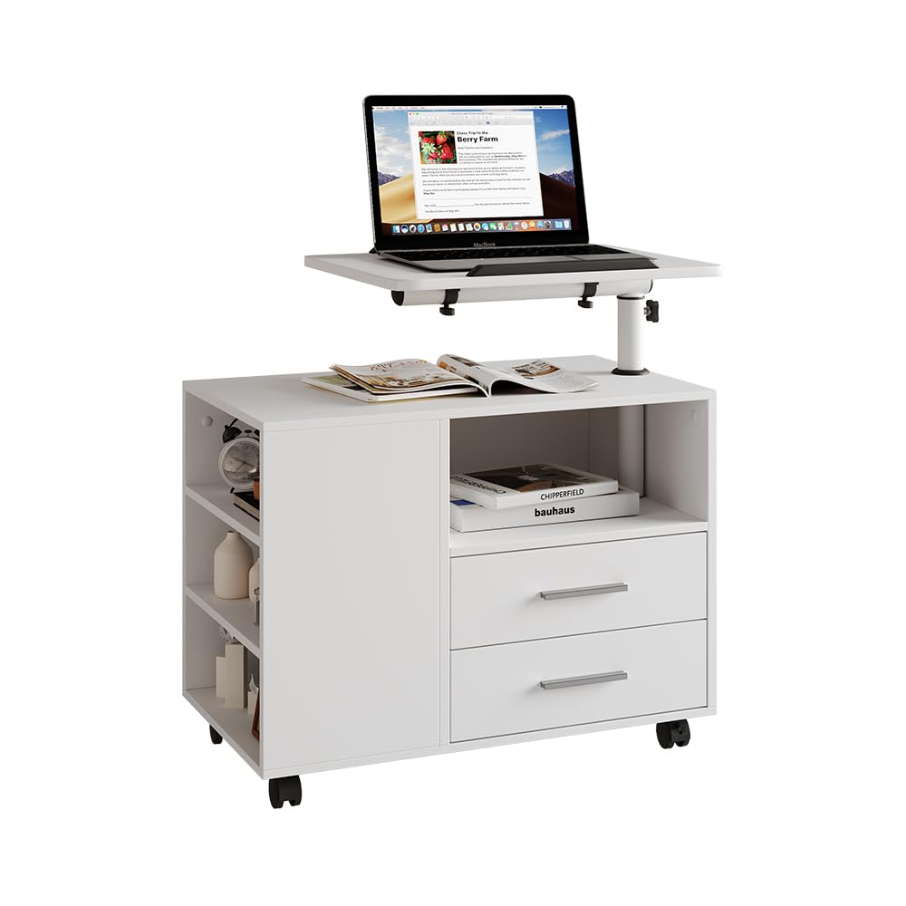 Vicco Mesilla de Noche Bora, Blanco, 80 x 88 cm | con superficie de trabajo ajustable, con tablero de trabajo giratorio y ruedas para un uso flexible