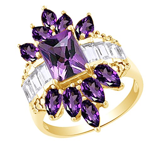 Jewel Zone US Simulated Amethyst & White Topaz CZ Cluster Band Ring in 14k Gold Over Sterling Silver (2.61 Cttw)