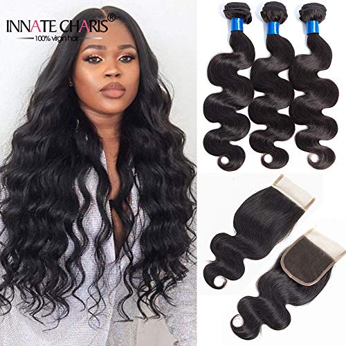 INNATE COLLECTION CHARIS Brazilian Body Wave Hair Bundles With Free Part Lace Closure Unprocessed Human Hair Body Wave Hair Weft With 4x4 Lace Closure Natural Black Color(22 24 26+20 Free Part)