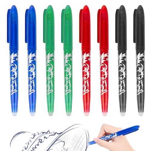 RUCUDIM Lot de 8 stylos à bille effaçables à encre gel effaçable 0,5 mm Pour fournitures scolaires et fournitures de bureau Bleu/noir/rouge/vert