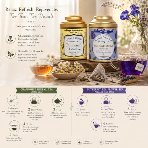 Image of Sancha Tea Boutique, Tea Combo Pack: Chamomile Herbal Tisane (50g) & Butterfly Pea Flower Tisane (25 Pyramid Bags), Caffeine Free Herbal Tisanes, Calming & Relaxing