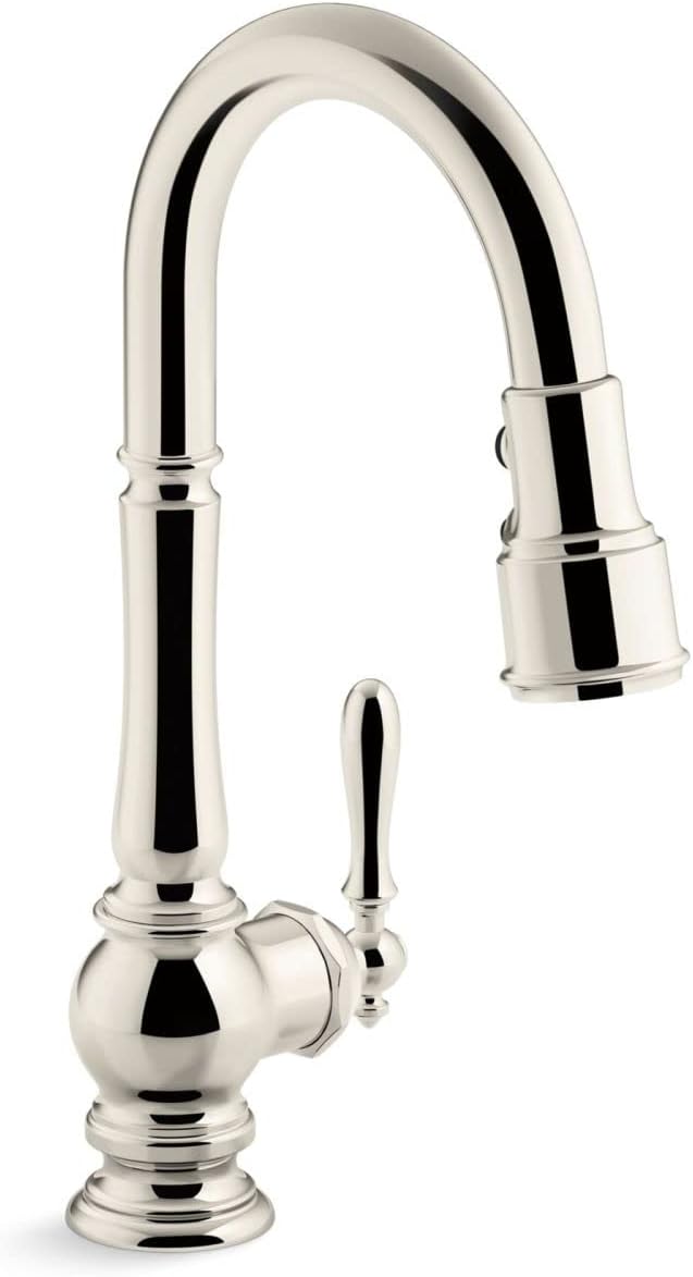 KOHLER K-99261-SN Artifacts Single-Hole Kitchen Sink Faucet with 16-Inch Pull-Down Spout, 3-Function Sprayhead, and Turned Lever Handle, Vibrant Polished Nickel